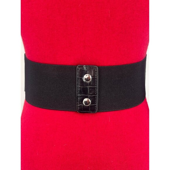 Black Faux Leather Corset Lace-Up Front Snap Closure Croc-Embossed Wide Belt - Picture 4 of 14